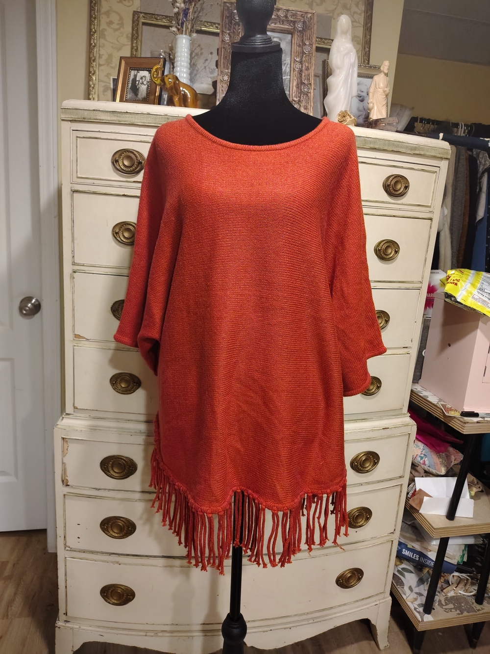 Relativity Rust Orange Fringe-Trim Knit Poncho